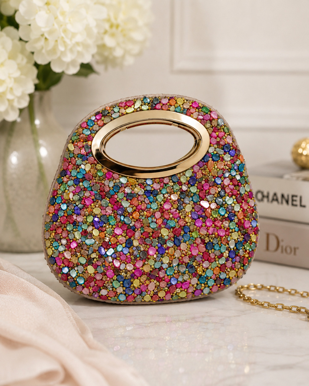 Colorful Beaded Evening Handbag Gold Handle Clutch Purse Dopamine Glam Party